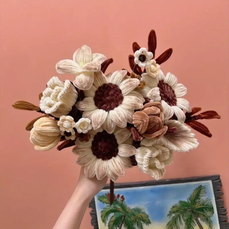 Cream and brown handcrafted fuzzy-wire bouquet